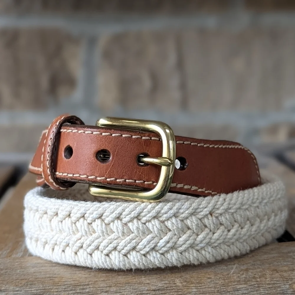 VTG 80s Eddie Bauer Woven Braided Rope Belt Medium Leather Brass Nautical
